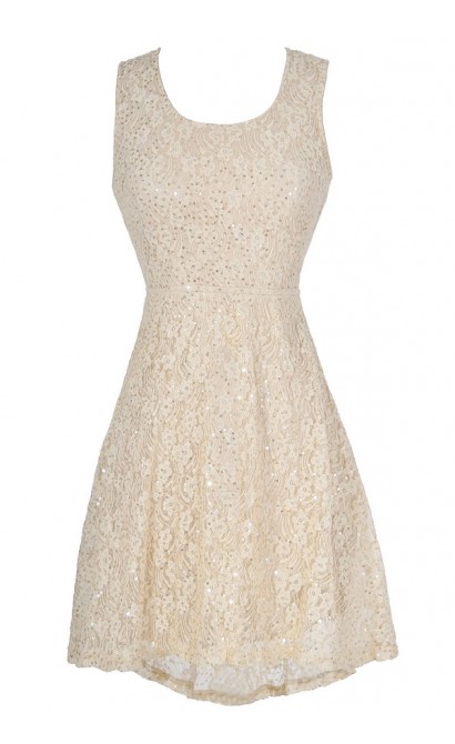 Twinkling Lace High Low Dress in Beige